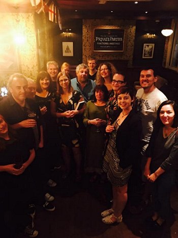 L to R: Lynda Rucker, Sean Hogan, Stephen Jones, Marie O'Regan, Paul Kane, Helen Marshall, Rob shearman, Amanda Foubister, Maura McHugh, Angela Slatter, Sam Bradbury, Phil Sloman and Laura Lee. 