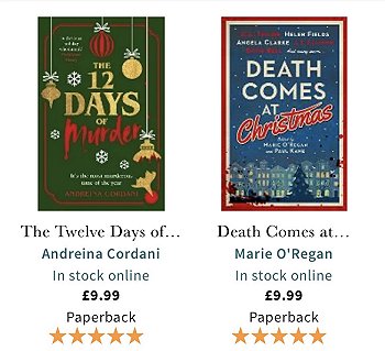 screenshot showing The Welve Days of Merduer by Andreina Cordani on the left, and Death Comes at Christmas, edited by Marie O'Regan and Paul Kane, on the right, against a white background. Both have five-star ratings and cost �9.99