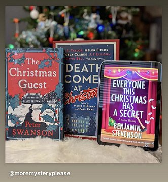 photograph showing a display of three Christmas mystery books infront of a Christmas tree - The Christmas Guest by Peter Swanson, Everyone This Christmas has a Secret by Benjamin Stevenson, and Death Comes at Christmas, edited by Marie O'Regan and Paul Kane
