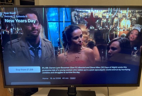 TV screen showing Apple TV+ menu for Fear Itself episode New Year's Day