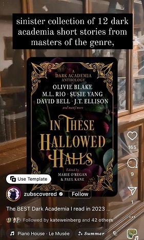 screenshot from zubscovered. Image of a copy of In These Hallowed Halls, edited by Marie O'Regan and Paul Kane, standing in front of bookshelves. Text reads Sinister collection of 12 dark academia short stories from masters of the genre