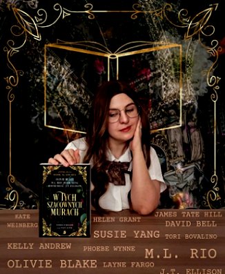 photograph of a woman in a white shortsleeved shirt with a tartan bow, wearing glasses. holding a copy of the Polish edition of In These Hallowed Halls, edited by Marie O'Regan and Paul Kane