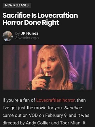 Screenshot: The Horror Obsessive's review of Sacrifice