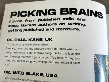 photograph of page from RBZEEN. Heading reads PICKING BRAINS. Advice from published Indie and Mass Market authors on writing, getting published and literature. 01. Paul Kane, UK