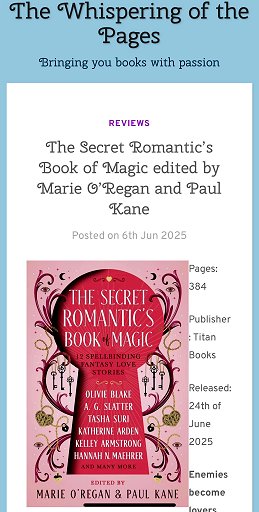 screenshot from The Whispering of the Pages. Showing a copy of The Secret Romantic's Book of Magic, edited by Marie O'Regan and Paul Kane