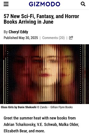 screenshot from gizmodo.com. Headline: 57 New Sci-Fi, Fantasy, and Horror Books Arriving in June