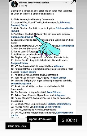 screenshot of the Estudio en Escarlata Top Bestsellers of 2024, showing the Spanish edition of Sherlock Holmes and the Servants of Hell, by Paul Kane, at no. 5