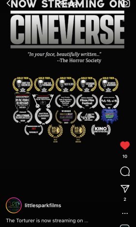 screenshot showing NOW STEAMING ON CINEVERSE - with image of all the film festival laurels the film has been given. Quote reads: In your face, beautifully written - The Horror Society. Littlespark films