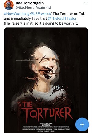 Screenshot of tweet advertising The Torturer on Tubi